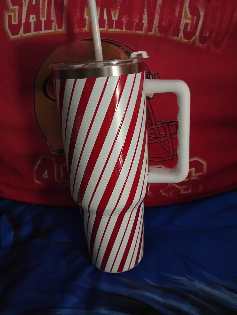 Ashland Red and White Diagonal Stripe Travel Tumbler with Handle